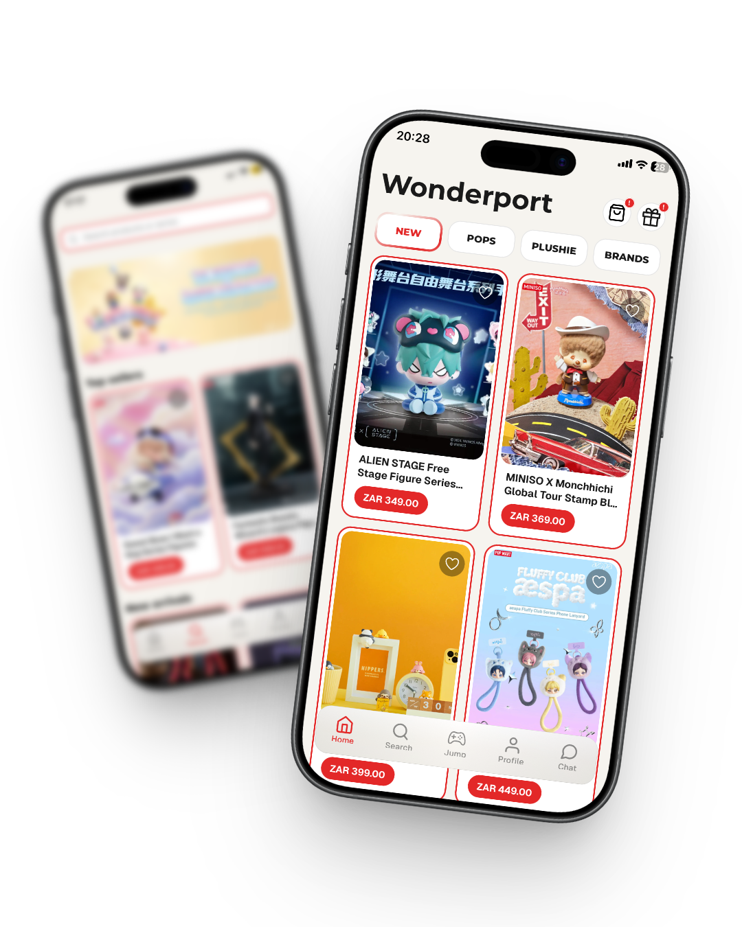Wonderport mobile app on iPhone showing product categories and listings